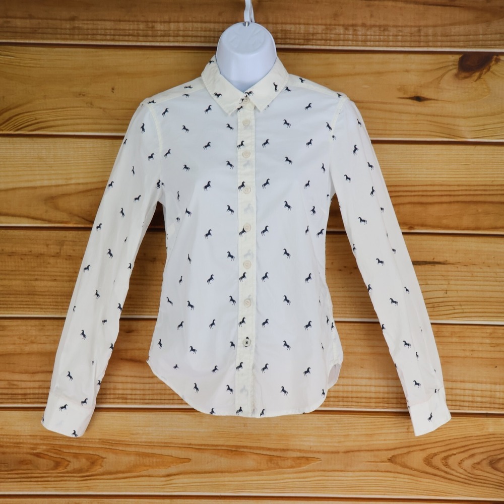 H&M Long Sleeve Button‎ Up Shirt Womens Size 2 White Horses Fitted Point Collar